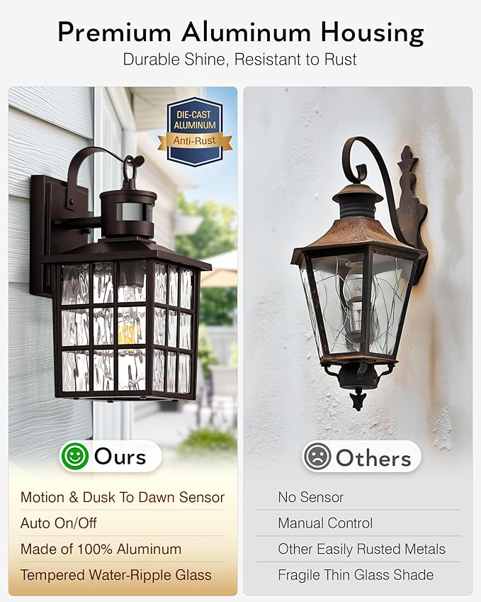 VIANIS 2 Pack Motion Sensor Outdoor Lights for House, Oil Rubbed Bronze Farmhouse Outdoor Porch Lights Wall Mount, 100% Aluminum Exterior Sconce Lights for Coach, Outdoor Garage Lighting Fixtures