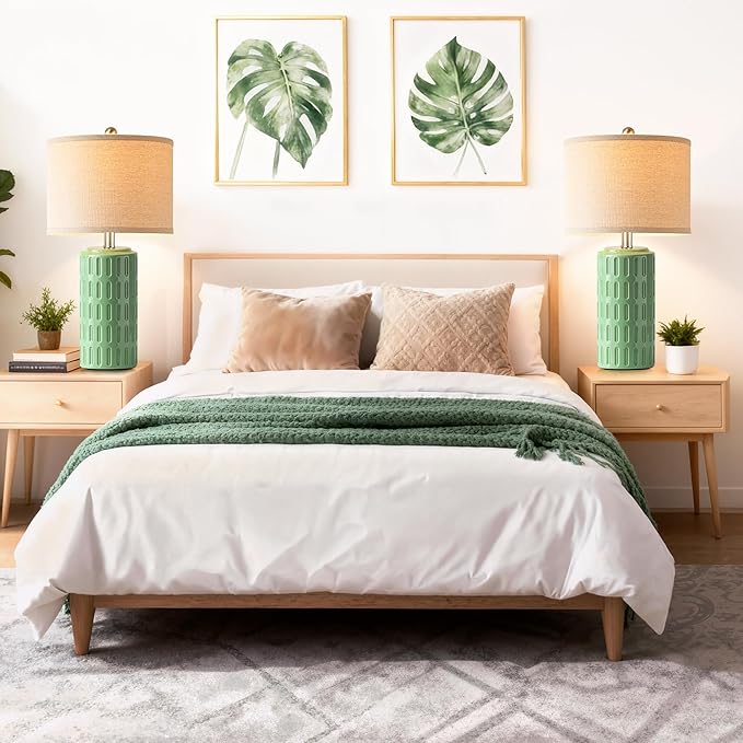 PARTPHONER 23" Farmhouse Modern Ceramic Table Lamp Set of 2 - Green Bedside Lamps for Bedroom & Living Room, Nightstand, Desk, End Table