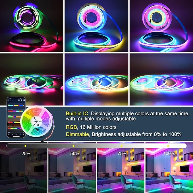 INDARUN 24V RGB Smart IC COB Led Strip Light 16.4ft/5M, 720LEDs/M 12mm Width, Christmas Light, Color Chasing Addressable Flexible Led Tape Light for TV Backlight(Without Controller&Adapter)