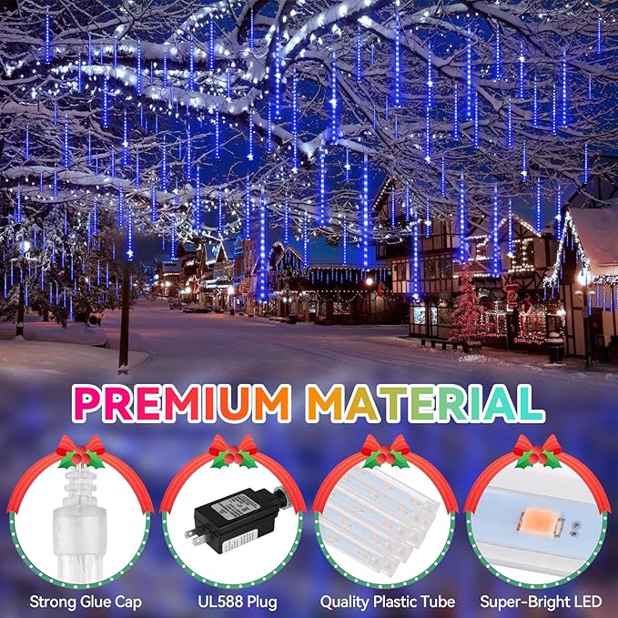 KNONEW Christmas Lights Outdoor, 15 inch 24 Tubes 672 LED Meteor Shower Lights Plug in Waterproof Falling Rain Light for Xmas Tree Wedding Party Garden Holiday Rooftop Decorations (Blue)