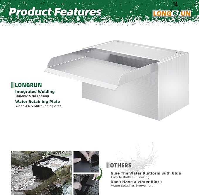 Longrun Pond Waterfall Box with Pump Kit, 304 Stainless Steel Pond Spillway with 396 GPH 1500L/H Pump for Ponds, Pond Spillway Color-Changing LED Light Strip for Garden Waterfall (9.06")