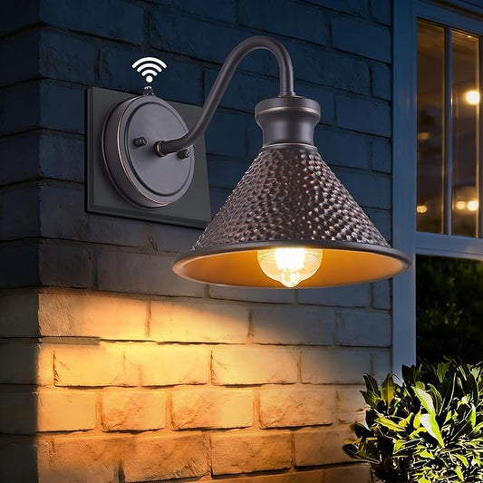 Dusk to Dawn Outdoor Gooseneck Wall Sconce with Dark Sky Cast Hammered Aluminum Shade in Oil Rubbed Bronze Finish,Anti-Rust Waterproof Outdoor Light for Farmhouse Porch Garage,1-Light E26