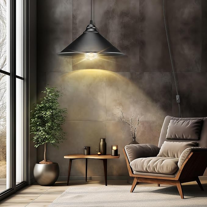 Plug in Pendant Light, Bigger Hanging Lights with Plug in Cord On/Off Switch, 13FT Industrial Plugin Hanging Light, Vintage Pendant Lights Fixture, Big Black