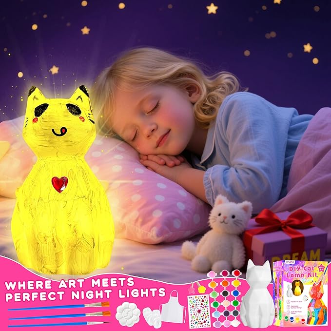 lucdnc Paint Your Own Cat Lamp Kit DIY Night Light Painting Kits for Kids Arts & Crafts Supplies Birthday Easter Christmas Cat Themed Gifts Toys for Girls Boys Teens Ages 3-12+