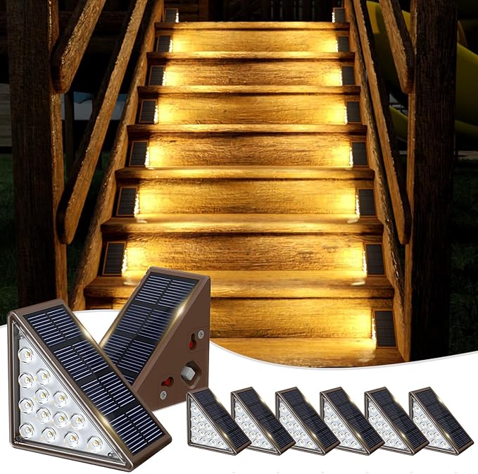 Solar Step Lights - 8 Pack Waterproof IP67, Outdoor Deck & Staircase Lights (Warm Brown)