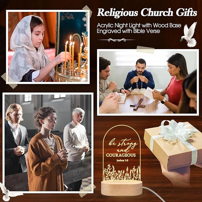 6 Pcs Christian Acrylic Night Light Bulk Mothers Day Religious Faith Church Gifts for Women Ladies Group Bible Verse Scripture LED Lamp with Wood Base for Easter Decor Men Clergy Pastor