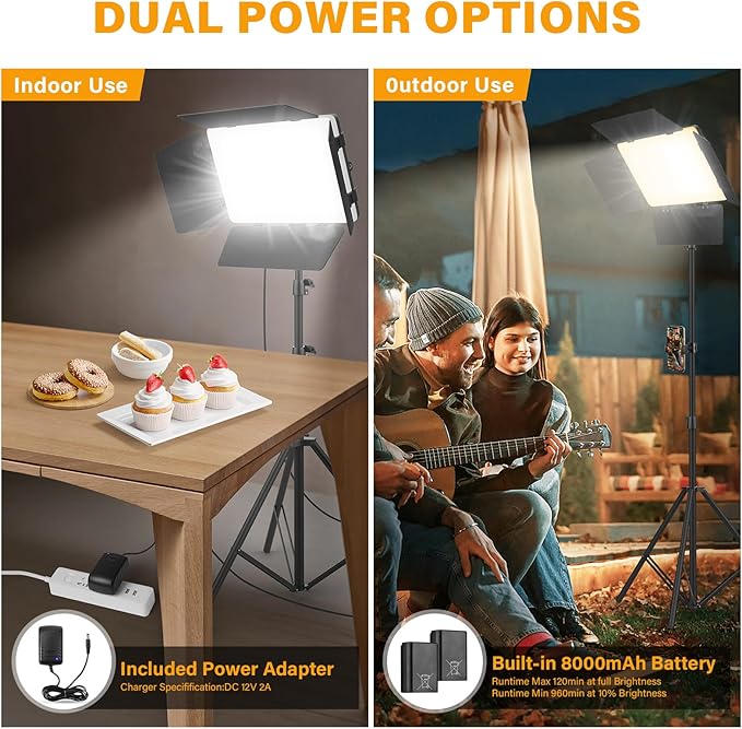 2 Pack Led Video Light Panel Light with Barndoor, 8000mAh Rechargeable Camera Light with 79'' Stand, Photo Studio Lighting kit for Video Recording Live Streaming Outdoor Indoor Photography