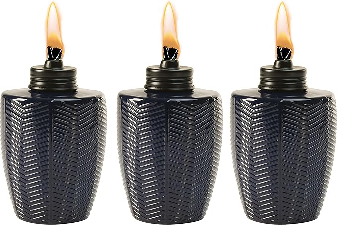 TIKI Brand Glass Table Torch, Decorative Outdoor Torch for Patio, Lawn, and Backyard, Herringbone Blue 3-Pack 5.75 Inch, 1118114