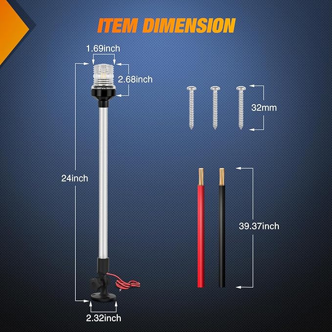 Nilight Marine Boat Stern Light 24Inch White Fold Down Anchor Lights 12V 24V Waterproof 360° Lighting Navigation Lamp for Fishing Ship Sailboat Yacht Pontoon Speedboat Dinghy
