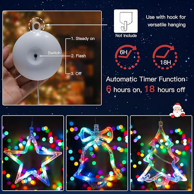 suddus 3Pcs Christmas Window Lights with Timer, Battery Operated LED Xmas Decorations with Suction Cup Hooks, Star, Bell & Tree Shaped Indoor Hanging Lights for Window Wall Holiday Party (Multicolor)
