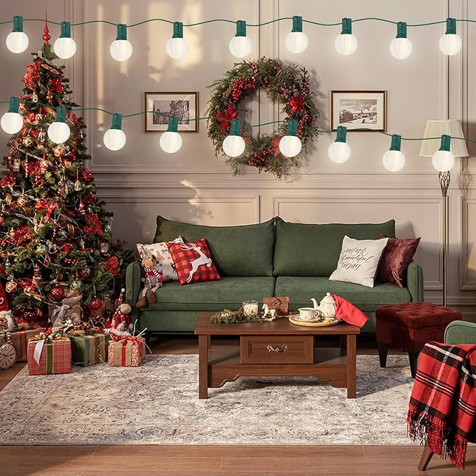 Abeja 25Ft Frosted White String Lights, G40 Globe Patio String Lights with 27 Frosted White Bulbs, Vintage Backyard Patio Lights for Backyard Porch Balcony Party Wedding Umbrella- Green Wire