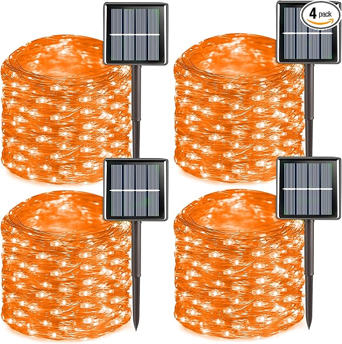 QITONG 4 Pack Orange Solar Christmas Lights, Each 33ft 100 LED Thanksgiving Fairy Lights Outdoor Waterproof, 8 Modes Copper Wire Mini String Lights