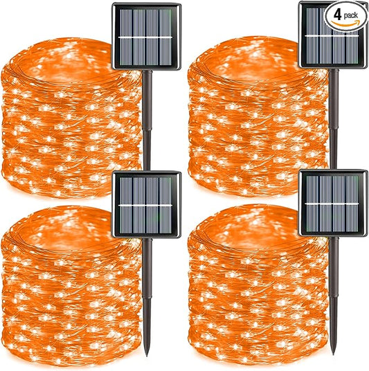 QITONG 4 Pack Orange Solar Christmas Lights, Each 33ft 100 LED Thanksgiving Fairy Lights Outdoor Waterproof, 8 Modes Copper Wire Mini String Lights