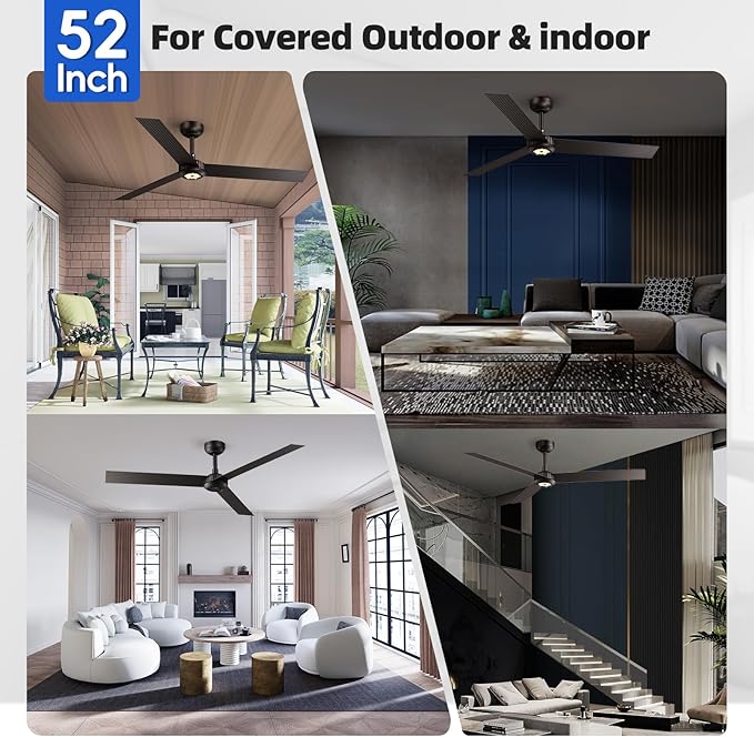 TALOYA 52 inch Modern Ceiling Fan with Lights,Remote Control,3 Metal Blades,Coffee-brown Finish,6-Speed,Dimmable, Noiseless Reversible DC Motor,Indoor/Outdoor Ceiling Fan for Living Room Bedroom patio