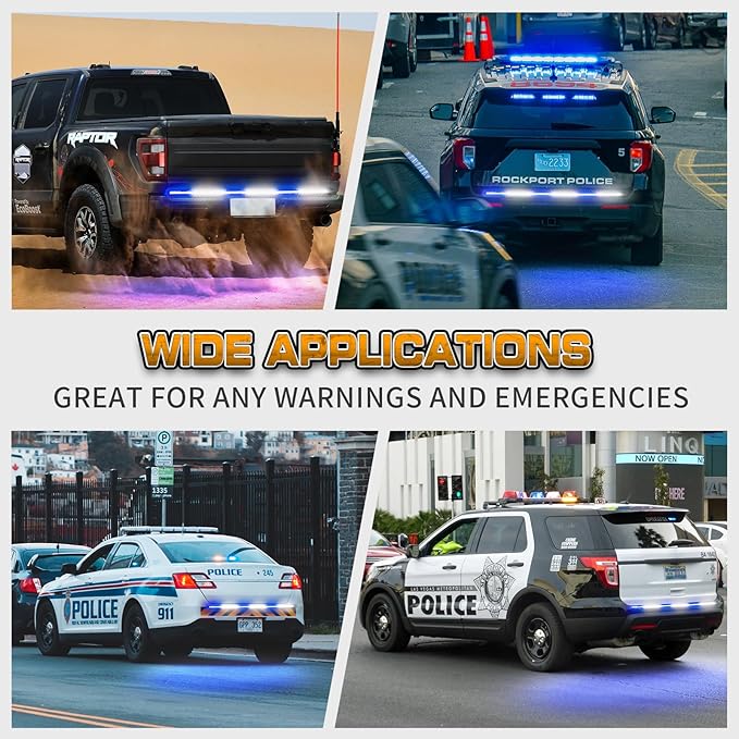 XRIDONSEN 48 inch Blue White Emergency Lights Strip Rear Window/Tailgate Lights 288 LED Tail Strobe Light Strip Flashing Warning Safety Caution for Police Firefighter Vehicles Trucks Pickup POV