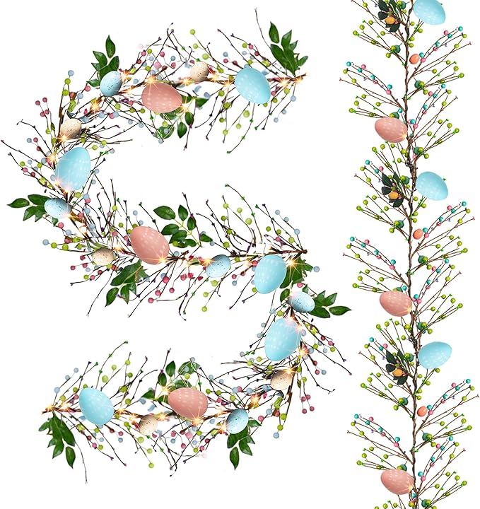 NEROSUN 2 Pack 12 FT 40 LED Battery Operated Lighted Easter Egg Garland with 8 Modes, Artificial Green Plastic Garland for Indoor/Outdoor Home Fireplace Party Door Decoration