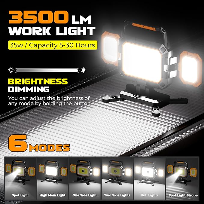 Yzoni 35W Rechargeable Work Light, 3500LM Magnetic LED Work Light with 6 Modes, Battery Powered Portable Mechanic Lights with 360°Rotate Foldable Design for Auto Car, Garage, Workshop