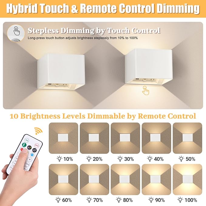 Motion Sensor Wall Light Indoor Set of 2, 6000mAh Wireless Rechargeable Battery Operated LED Wall Sconce Up & Down with Touch & Remote Control, Battery Powered Magnetic Wall Lamps with 3CCT, White