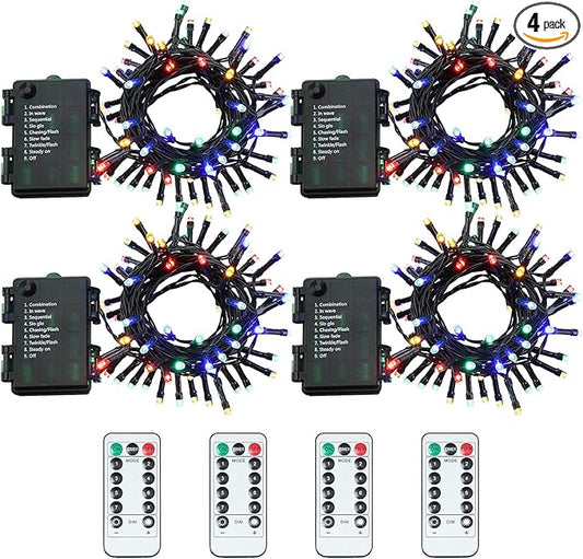 Tuanse 4 Pack Battery Operated Outdoor Christmas Tree String Lights,16.4 ft Mini Light Outdoor Christmas Lights with 50 Led of Dark Green Cable Lighting for Bedroom Garden Yard (Colorful Light)