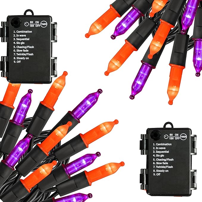 TW SHINE Battery Operated Halloween Lights, 2 Pack Total 100 LED 32 FT Orange and Purple Lights Outdoor, Waterproof Mini String Light with 8 Modes, Halloween Decorations for Indoor Patio Party Decor