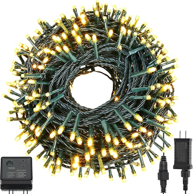 QUWIN Waterproof LED Outdoor Christmas String Lights, 115Ft 300 LED UL Certified 8 Modes with End-to-End Plug, Indoor & Outside Fairy Light for Christmas Tree, Patio, Wedding, Party (Warm White)