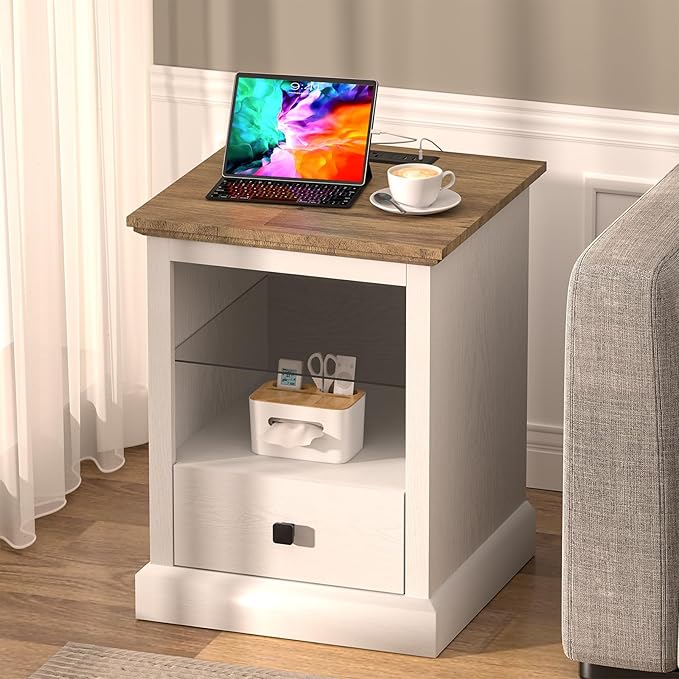 Rresyet White End Table Set of 2, Living Room Side Tables with LED Lights & Charging Station & Adjustable Shelf, Storage End Tables with Drawer, Bedroom Nightstands