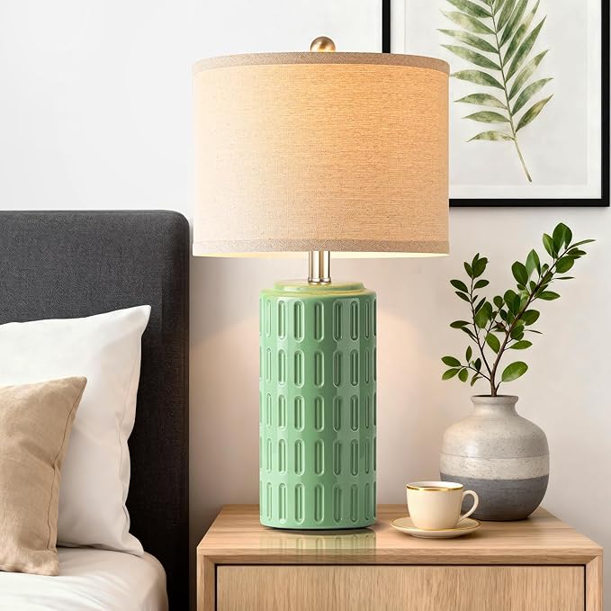 PARTPHONER 23" Farmhouse Modern Ceramic Table Lamp Set of 2 - Green Bedside Lamps for Bedroom & Living Room, Nightstand, Desk, End Table