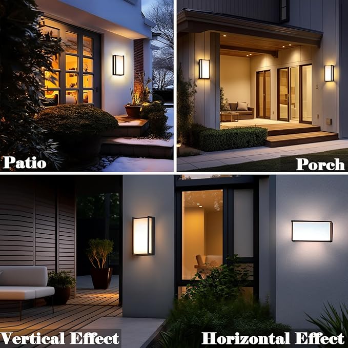 Modern Exterior Lighting Fixtures, 3-Color Temperature Front Porch Light fixtures, IP65 Waterproof Wall Sconce,18W Rectangular Black Outdoor Wall Lights for House Walkway Stair Garage