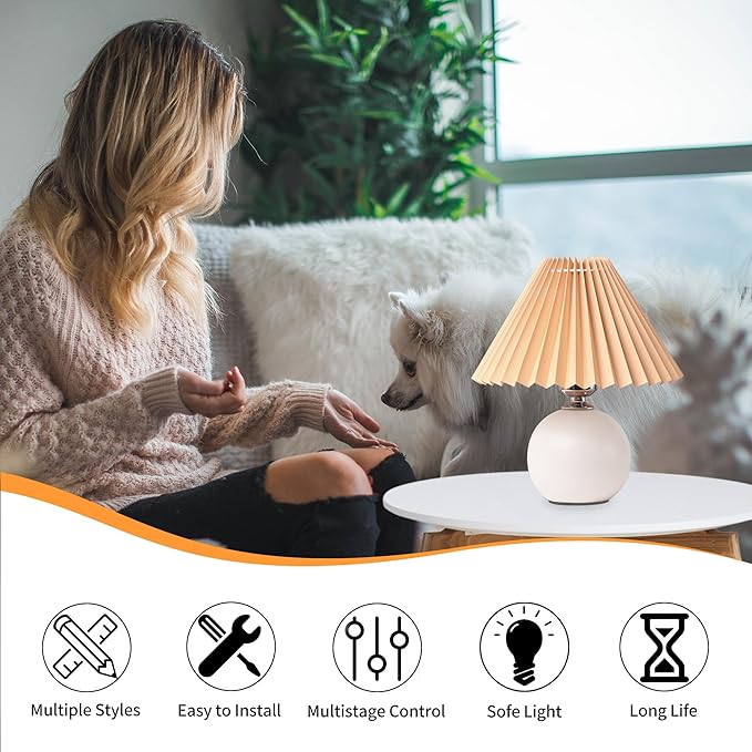 Korean Pleated Table Lamp Ins DIY Ceramic Table Lamps for Living Room Home Deco Cute Lamp with Tricolor Led Bulb Beside Lamp
