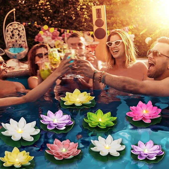 LACGO Waterproof Floating Lotus Light, 12PCS Floating Lily Light Water Activated Artificial Flowers Battery Operated for Wedding Pool Anniversary Garden Decoration(6 Inch, Mix-Color)