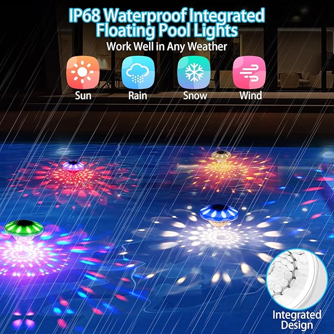 Floating Pool Lights(4 PACK), Rechargeable Pool Lights with Remote, 4000mAh IP68 Waterproof 6 Dynamic Lighting Effects Upper and Lower RGB Color Changing Floating Hot Tub Light for Bath Ponds 4 PACK