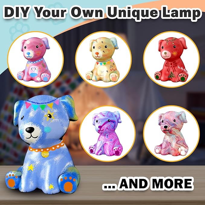FUNZBO Paint Your Own Dog Lamp Kits - Easter Basket Stuffers, Arts and Crafts Supplies Puppy Painting for Kids Teens, DIY Night Light Dog Toy for Girls Boys Age 3 4 5 6 7 8 9 10 11 12 13 Birthday Gift
