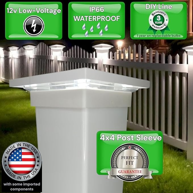 DekLights® DIY Line LED Lighted Post Cap for 4x4 Deck/Fence Posts. Wired 12volt Low Voltage with Replaceable LED Light Bulb. for Your Vinyl or Composite railings. Made in USA (White Cap 6000k Bulb)