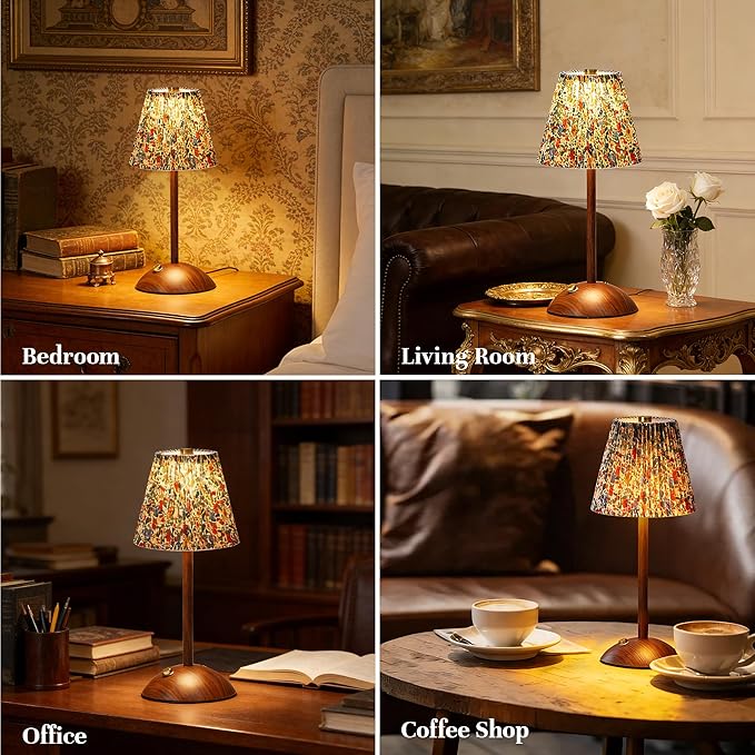 Small Vintage Cordless Table Lamp,3000mAh Rechargeable Battery Operated Desk Lamp,3 Color Stepless Dimming Up LED Flower Night Light for Bedroom Living Room Patio Camping Restaurant Home Coffee Shop