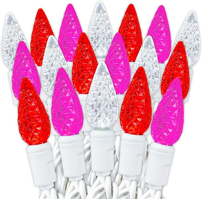 70 Light 24Ft Valentine's Day Lights Commercial String Lights C6 LED Strawberry Faceted Bulb – Red/Pink/Pure Whtie, White Wire, Indoor/Outdoor, Full Wave No Flicker, Connect 43 Sets