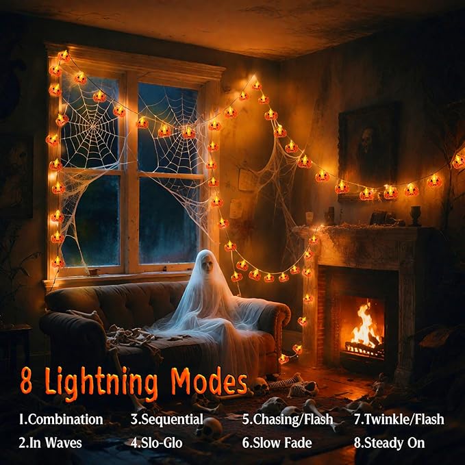 Halloween Lights Pumkin Lights 10FT 20LED with Timer 8 Modes Battery Operated Indoor Outdoor for Halloween Decorations, Pumpkin Decor