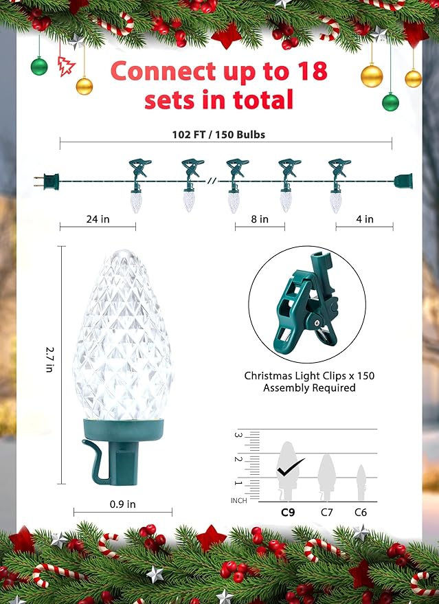 C9 LED Christmas Lights Outdoor, 99 Feet 150 LED C9 String Light with 150 Spring Clips, Waterproof Connectable Christmas Tree Lights for Outside Roofline Patio Home Xmas Decor, Pure White
