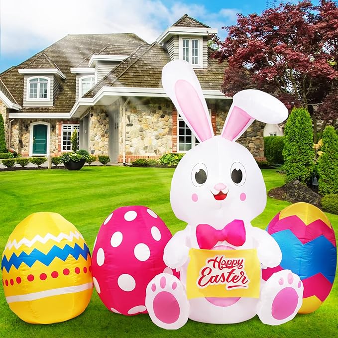 OurWarm 6 FT Easter Inflatables Outdoor Decorations Bunny and 3 Colorful Eggs, Build-in LED Lights Blow Up Yard Decorations for Easter Decor, Home Holiday Party Indoor, Outdoor, Garden, Lawn Decor