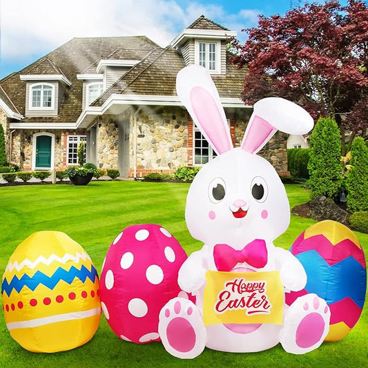 OurWarm 6 FT Easter Inflatables Outdoor Decorations Bunny and 3 Colorful Eggs, Build-in LED Lights Blow Up Yard Decorations for Easter Decor, Home Holiday Party Indoor, Outdoor, Garden, Lawn Decor