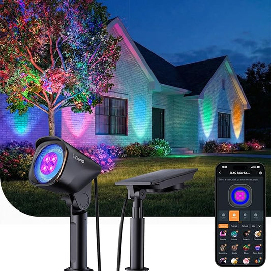 Linkind Smart Solar Lights Outdoor Waterproof SL6C, Dual-Ring Solar & USB Charging Solar Spotlights Outdoor Waterproof IP66, Color Changing Spot Light for Yard, Tree, Landscape, House, 1 Pack