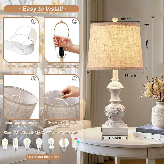 23.5" Set of 2 Farmhouse Table Lamps for Bedroom Bedside Lamp with USB A+C Ports Vintage Nightstand Lamps Antique Carved Floral Side Table Lamp for Living Room Office, White, Bulb Not Include