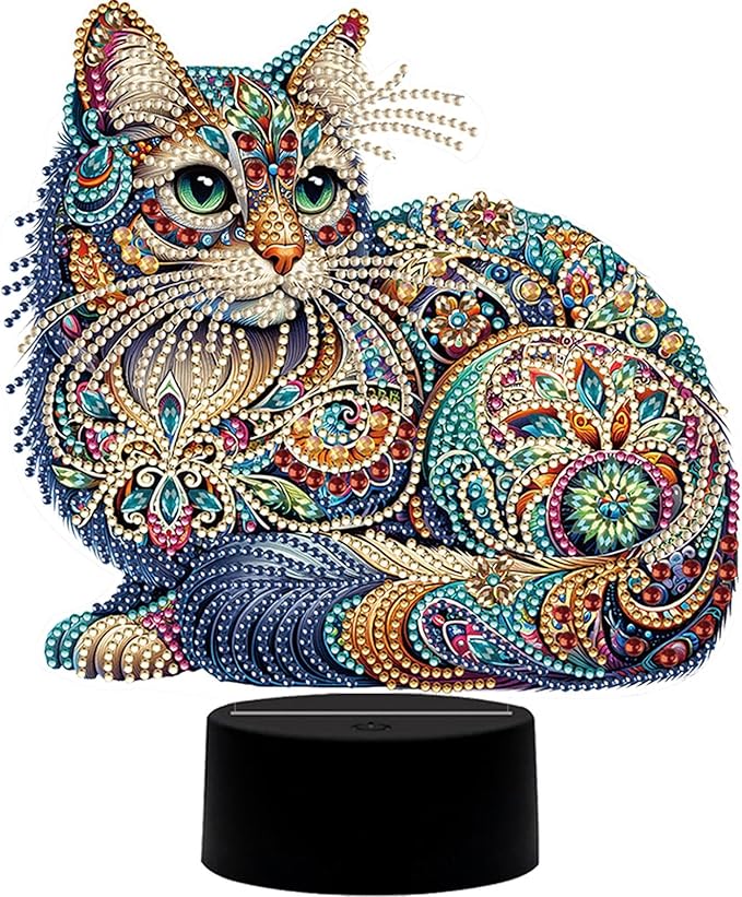 Gorgeous Cat Diamond Art Painting Night Light,Diamond Art Painting Kits Desktop Touch Lamp Ornaments for Tabletop Decor Diamond Art Accessories for Adult Beginner Bedrooms Living Room