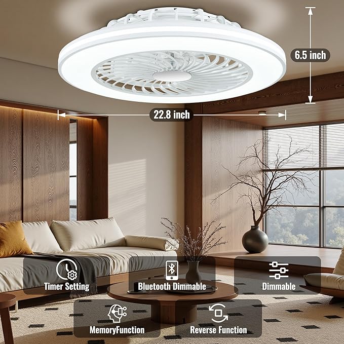 24'' Low Profile Bladeless Ceiling Fans with Lights, Remote/APP Control, 3CCT Dimmable, Flush Mount Ceiling Fan with 6-Speed Reversible for Bedroom Living Room Kid's Room
