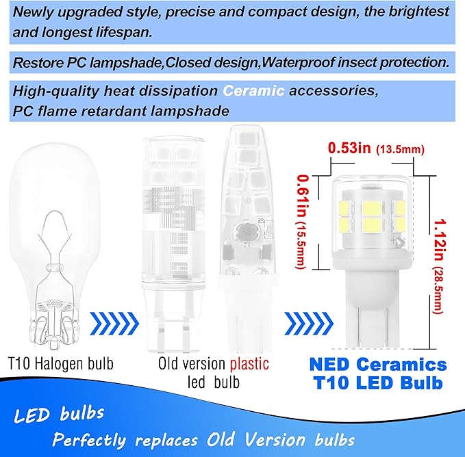 T5 T10 Wedge Base 921 194 LED Light Bulb AC/DC12-24V 6000K Daylight White 300lm 3W Equivalent 25W 30W Incandecent Bulbs for Car RV Camper Landscape Patio Driveway Malibu Lighting, 12 Pack