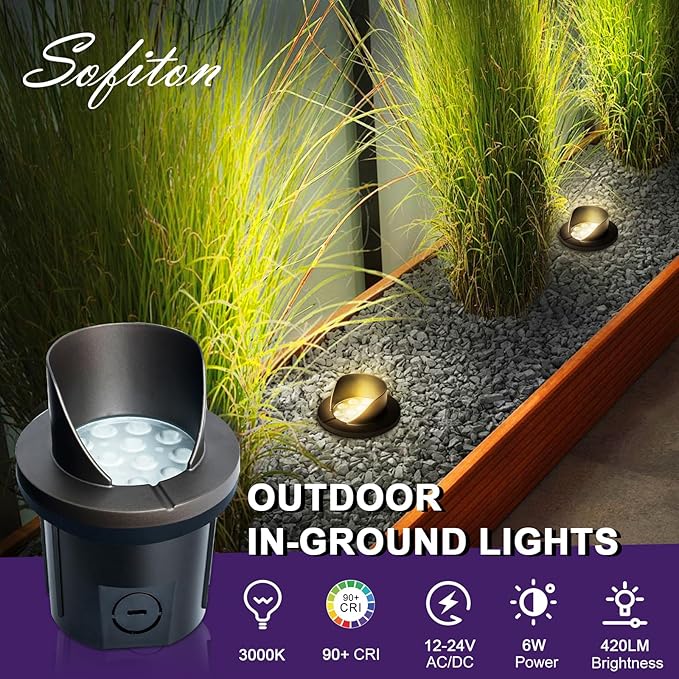 4-Pack LED Well Lights, Shielded Top, 6W 420LM, IP65 Waterproof Outdoor In-Ground Lights, 12V-24V Warm White Low Voltage Lighting for Pathway Garden Fence Deck, ETL Certified