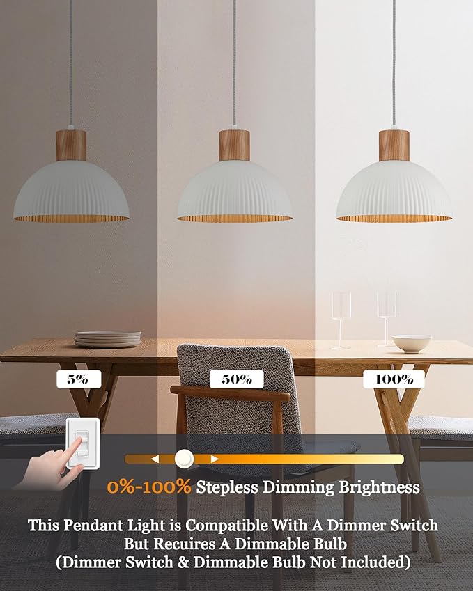 ELYONA Modern Ash Wood Pendant Light Fixtures 12" Hanging Lamp Nordic White Metal & Gold Inner Finish Boho Pendant Light for Farmhouse Kitchen Island Dining Room Bedroom Living Room Hallway