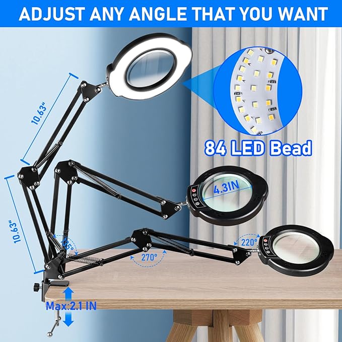 10X Magnifying Glass with Light and Stand, LED Desk Lamp with Base and Clamp, 5 Color Mode, 10 Dimmable Levels, Hands Free for Reading Crafts Jewelry Sewing Close Work