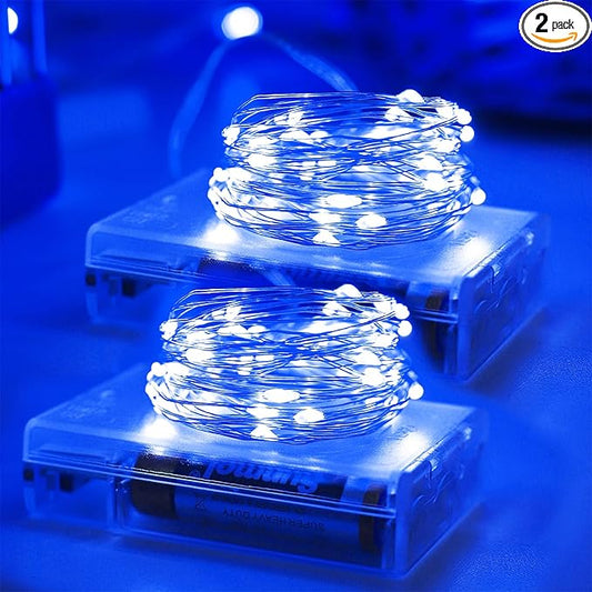 YAOZHOU Christmas Decorations Blue Fairy String Lights, Battery Operated with Timer, 2 Pack Total 33FT 100 Led Mini Battery Powered Mason Jar Waterproof Firefly Lights DIY Party
