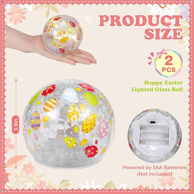 2 Pcs Easter Lighted Decorative Glass Ball 3.9inch Easter Egg Crackle LED Lights for Tabletop Decoration Globe Lamp Battery Operated for Holiday Indoor Party Table Gift