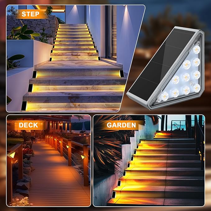 2 Pack Solar Stair Lights Outdoor Stair Lights with Waterproof IP67 LED Solar Light for Outside Light Decor for Deck, Front Step, Front Porch, Patio, Garden and Backyard